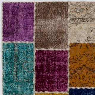 Contemporary Multicolored Overdyed Patchwork Rug | Hand-Knotted Turkish Wool Carpet for Living Room, Dining Room and Entryway