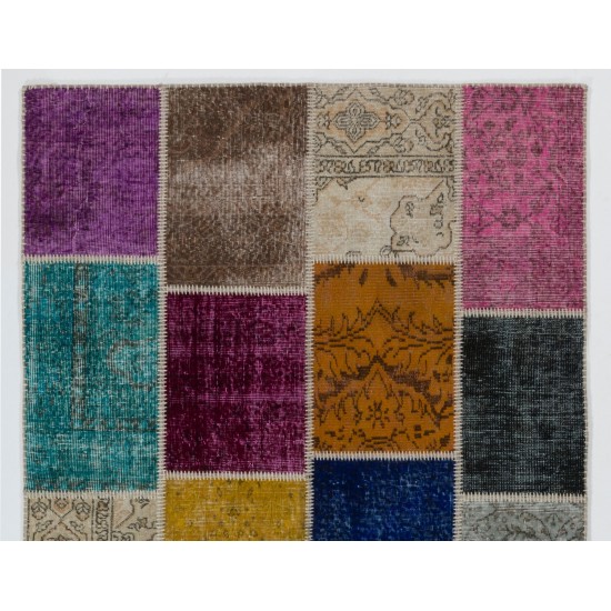 Turkish Handmade Colorful Patchwork Rug Made from Over-Dyed Vintage Carpets. Modern Look Area Rug. Home Decoration Floor Covering