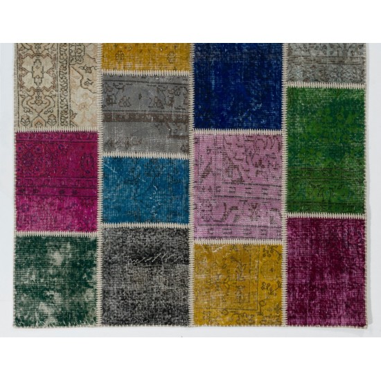 Colorful Handmade Patchwork Rug Made from Over-Dyed Vintage Carpets Colorful Handmade Patchwork Rug Made from Over-Dyed Vintage Carpets