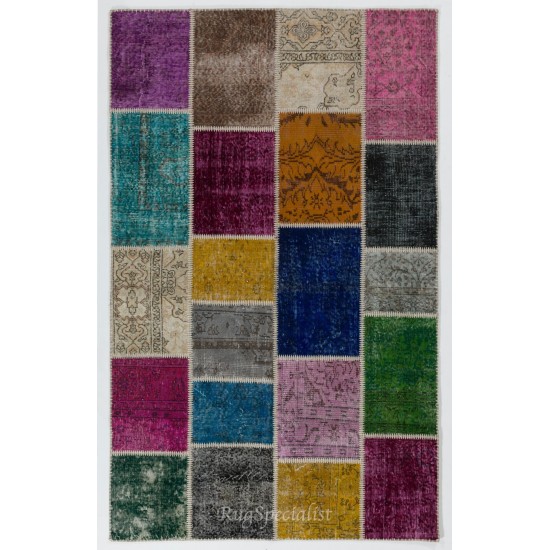 Turkish Handmade Colorful Patchwork Rug Made from Over-Dyed Vintage Carpets. Modern Look Area Rug. Home Decoration Floor Covering