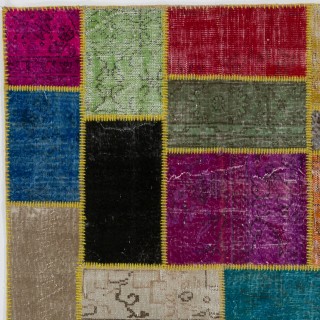 Modern Multicolored Overdyed Patchwork Rug | Hand-Knotted Turkish Wool Carpet for Living Room, Dining Room and Entryway