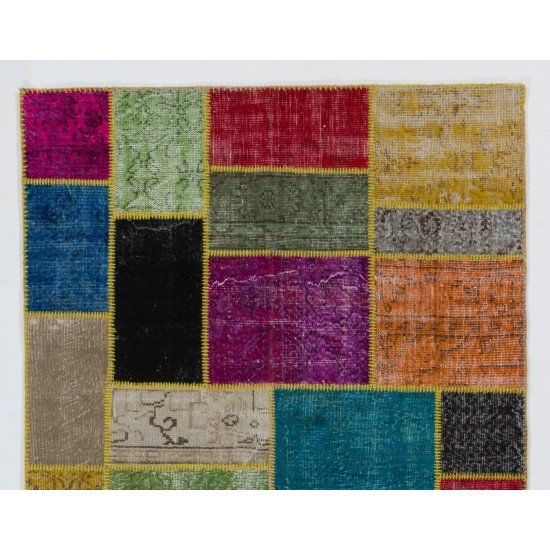 Colorful Handmade Patchwork Rug Made from Over-Dyed Vintage Carpets Colorful Handmade Patchwork Rug Made from Over-Dyed Vintage Carpets