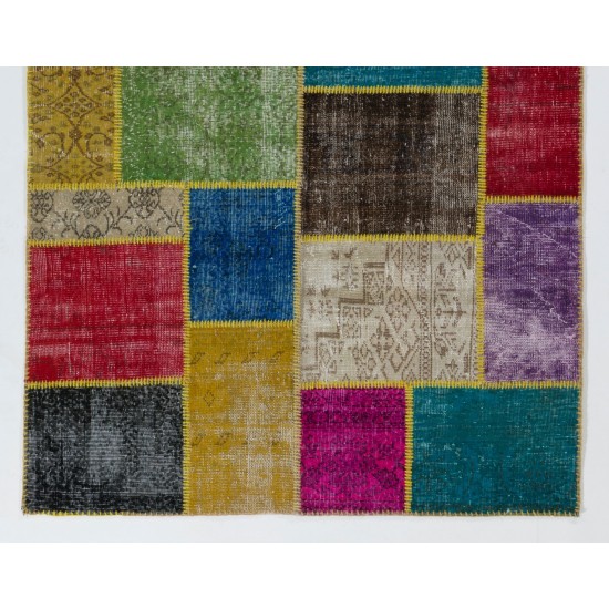 Colorful Handmade Patchwork Rug Made from Over-Dyed Vintage Carpets Colorful Handmade Patchwork Rug Made from Over-Dyed Vintage Carpets