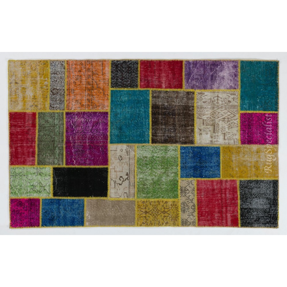 Colorful Handmade Patchwork Rug Made from Over-Dyed Vintage Carpets