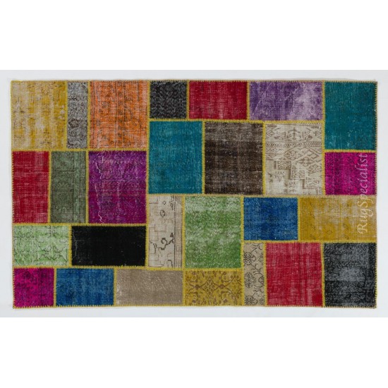 Colorful Handmade Patchwork Rug Made from Over-Dyed Vintage Carpets