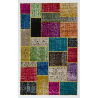 Colorful Handmade Patchwork Rug Made from Over-Dyed Vintage Carpets