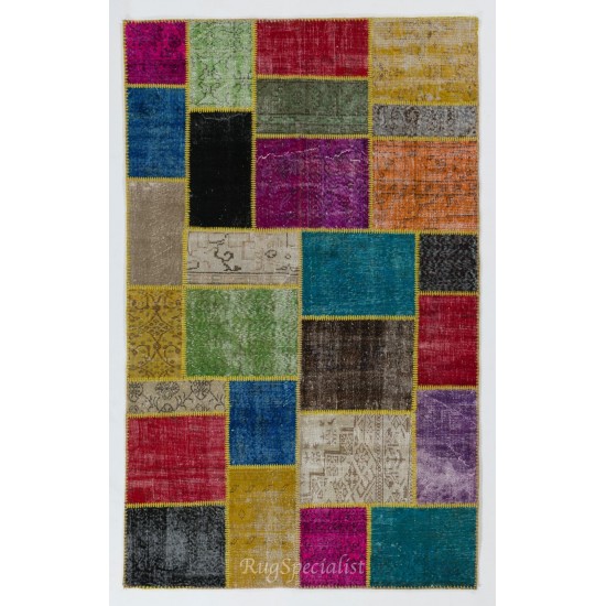 Colorful Handmade Patchwork Rug Made from Over-Dyed Vintage Carpets