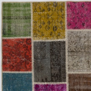 Colorful Turkish Patchwork Rug | Hand-Knotted Bohemian Style Overdyed Carpet for Modern Living Room Colorful Turkish Patchwork Rug | Hand-Knotted Bohemian Style Overdyed Carpet for Modern Living Room