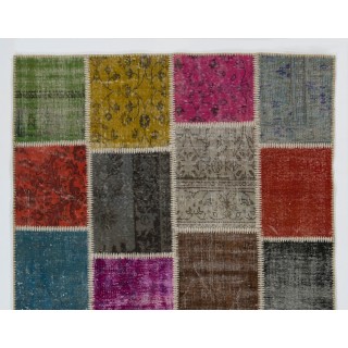 Colorful Handmade Patchwork Rug Made from Over-Dyed Vintage Carpets Colorful Handmade Patchwork Rug Made from Over-Dyed Vintage Carpets