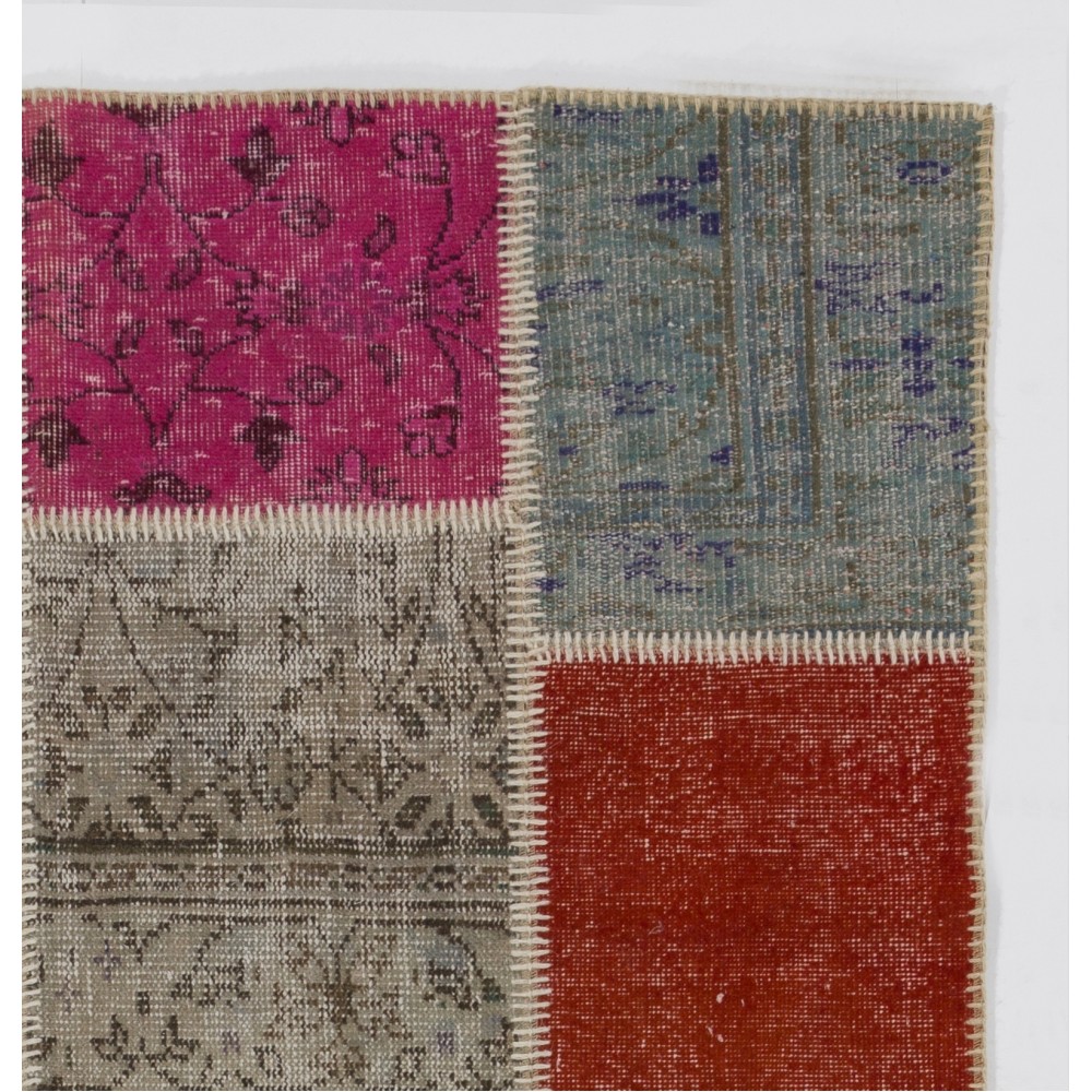 Colorful Turkish Patchwork Rug | Hand-Knotted Bohemian Style Overdyed Carpet for Modern Living Room