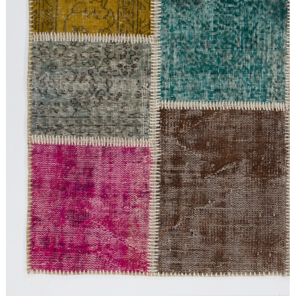 Colorful Turkish Patchwork Rug | Hand-Knotted Bohemian Style Overdyed Carpet for Modern Living Room