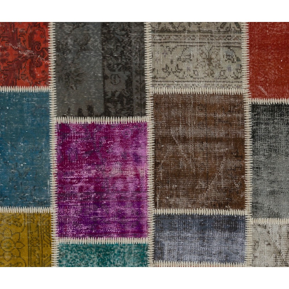 Colorful Handmade Patchwork Rug Made from Over-Dyed Vintage Carpets