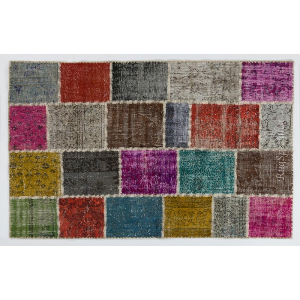 Colorful Handmade Patchwork Rug Made from Over-Dyed Vintage Carpets