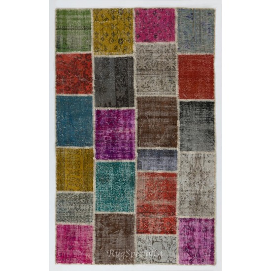 Colorful Handmade Patchwork Rug Made from Over-Dyed Vintage Carpets