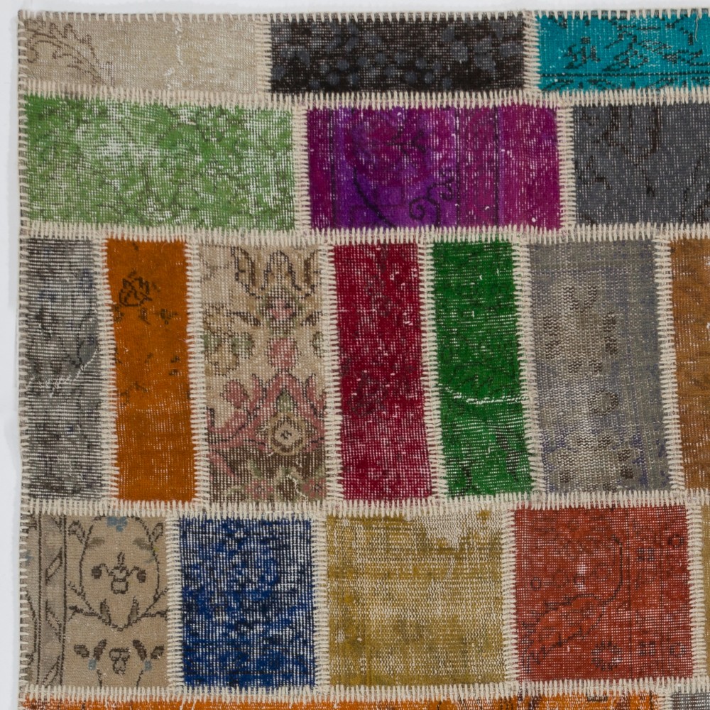 Colorful Turkish Patchwork Rug | Hand-Knotted Bohemian Style Overdyed Carpet for Modern Living Room Colorful Turkish Patchwork Rug | Hand-Knotted Bohemian Style Overdyed Carpet for Modern Living Room