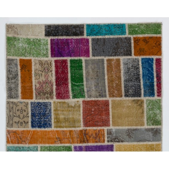 Turkish Handmade Patchwork Rug Made from Over-Dyed Vintage Carpets. Modern Look Colorful Area Rug. Home Decoration Floor Covering