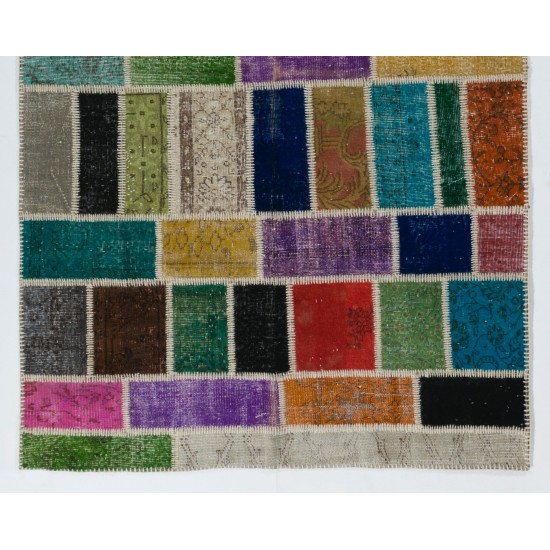 Turkish Handmade Patchwork Rug Made from Over-Dyed Vintage Carpets. Modern Look Colorful Area Rug. Home Decoration Floor Covering