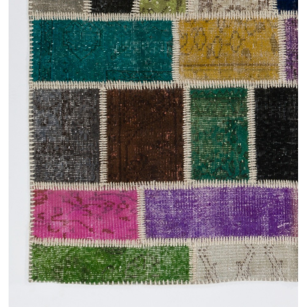 Colorful Turkish Patchwork Rug | Hand-Knotted Bohemian Style Overdyed Carpet for Modern Living Room Colorful Turkish Patchwork Rug | Hand-Knotted Bohemian Style Overdyed Carpet for Modern Living Room