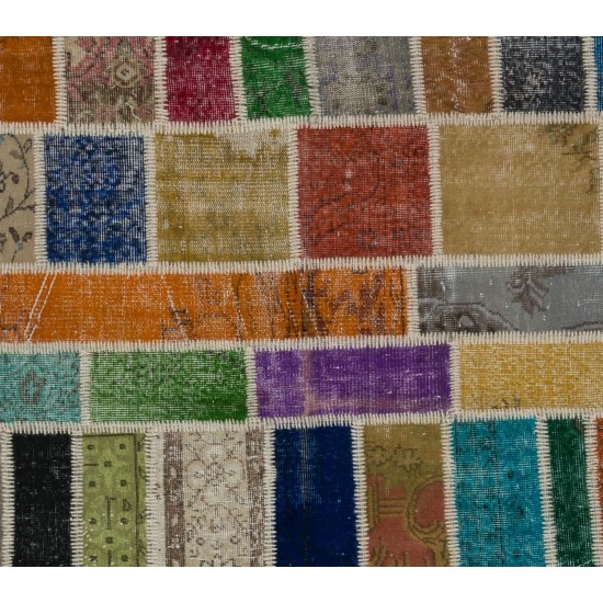 Colorful Handmade Patchwork Rug Made from Over-Dyed Vintage Carpets Colorful Handmade Patchwork Rug Made from Over-Dyed Vintage Carpets