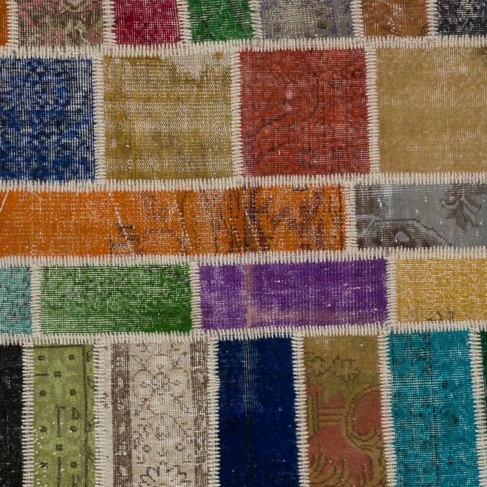 Colorful Turkish Patchwork Rug | Hand-Knotted Bohemian Style Overdyed Carpet for Modern Living Room Colorful Turkish Patchwork Rug | Hand-Knotted Bohemian Style Overdyed Carpet for Modern Living Room