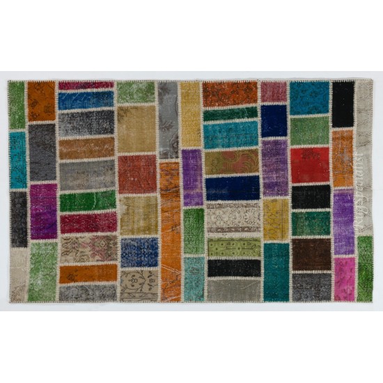 Colorful Handmade Patchwork Rug Made from Over-Dyed Vintage Carpets Colorful Handmade Patchwork Rug Made from Over-Dyed Vintage Carpets