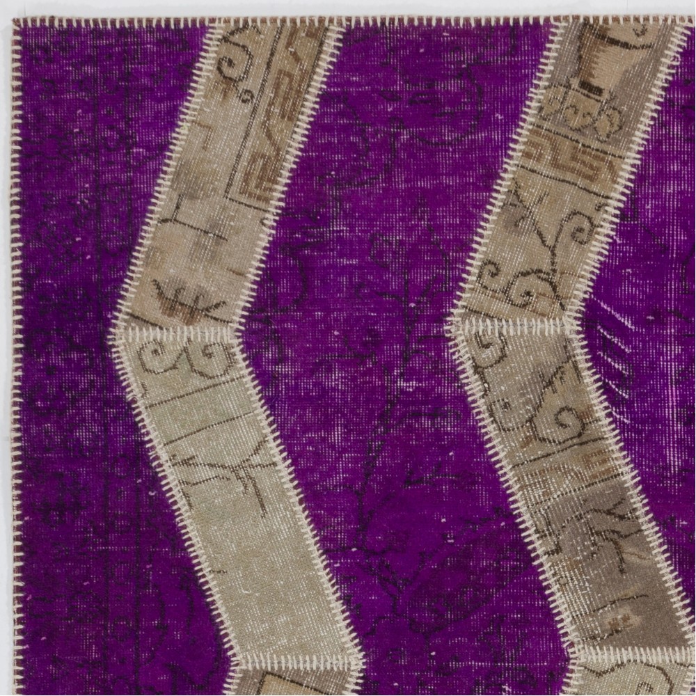 Purple Turkish Overdyed Patchwork Rug | Hand-Knotted Zigzag Herringbone Design Carpet for Living Room and Dining Room Purple Turkish Overdyed Patchwork Rug | Hand-Knotted Zigzag Herringbone Design Carpet for Living Room and Dining Room