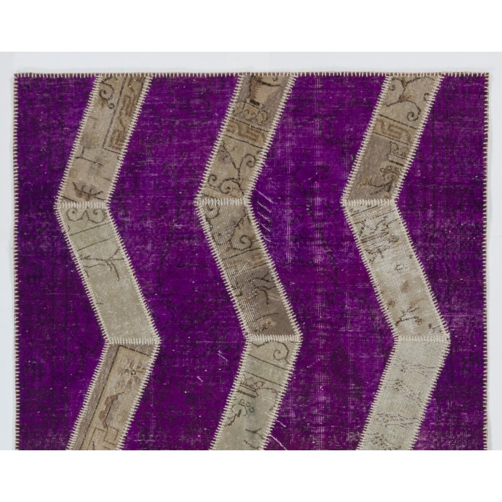 Herringbone Design Patchwork Rug Made from Over-Dyed Vintage Carpets