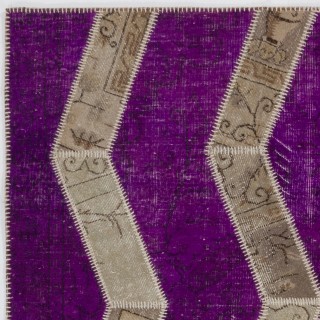 Purple Turkish Overdyed Patchwork Rug | Hand-Knotted Zigzag Herringbone Design Carpet for Living Room and Dining Room