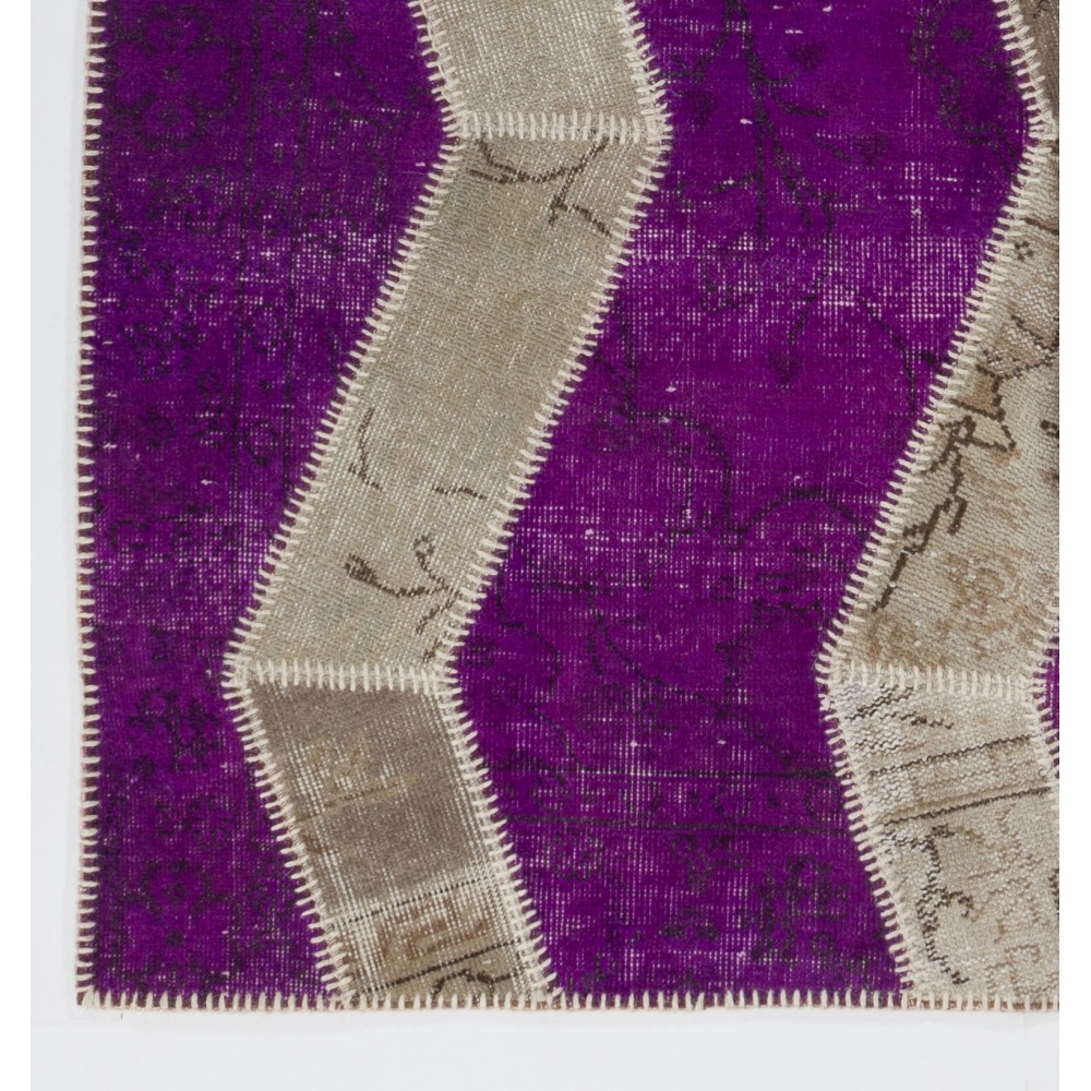Purple Turkish Overdyed Patchwork Rug | Hand-Knotted Zigzag Herringbone Design Carpet for Living Room and Dining Room Purple Turkish Overdyed Patchwork Rug | Hand-Knotted Zigzag Herringbone Design Carpet for Living Room and Dining Room