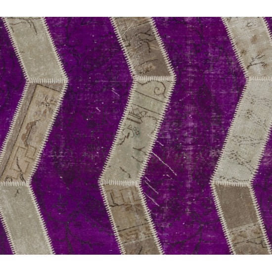 Herringbone Design Patchwork Rug Made from Over-Dyed Vintage Carpets