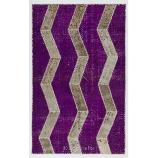 Herringbone Design Patchwork Rug Made from Over-Dyed Vintage Carpets
