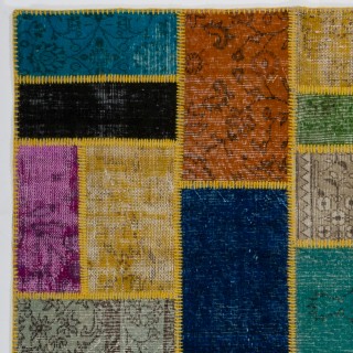 Colorful Turkish Patchwork Rug | Hand-Knotted Bohemian Style Overdyed Carpet for Contemporary Living Room Colorful Turkish Patchwork Rug | Hand-Knotted Bohemian Style Overdyed Carpet for Contemporary Living Room