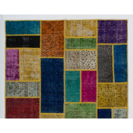 Handmade Patchwork Rug Made from Over-Dyed Vintage Carpets. Modern Look Colorful Area Rug. Home Decoration Floor Covering