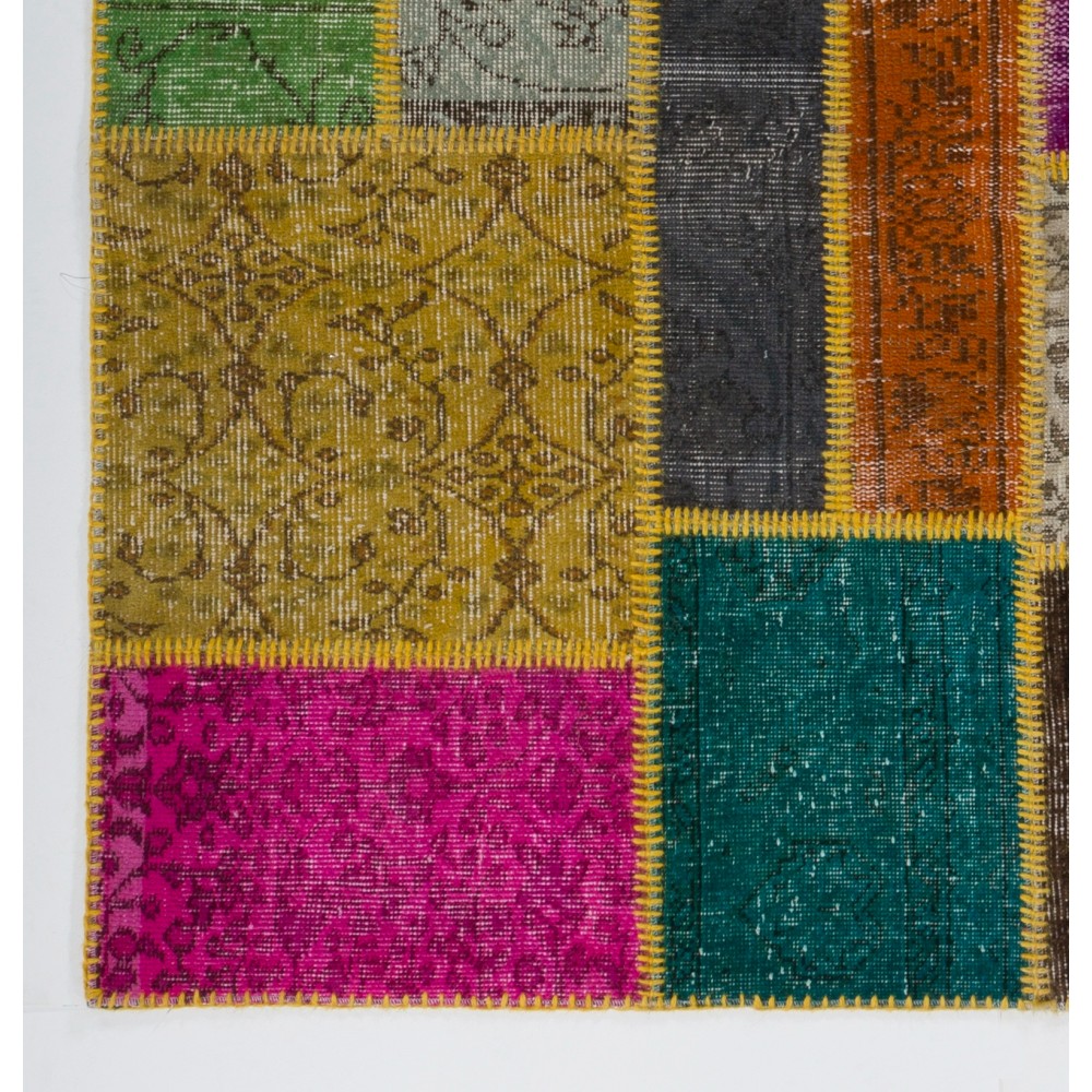 Colorful Turkish Patchwork Rug | Hand-Knotted Bohemian Style Overdyed Carpet for Contemporary Living Room