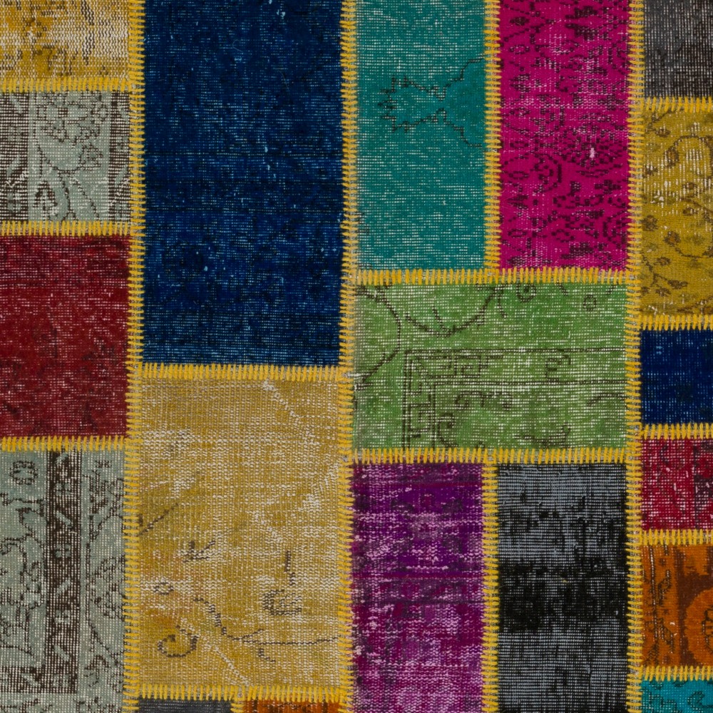 Colorful Turkish Patchwork Rug | Hand-Knotted Bohemian Style Overdyed Carpet for Contemporary Living Room