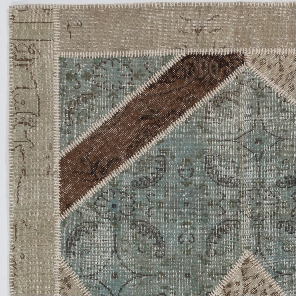Blue, Beige and Brown Patchwork Rug | Hand-Knotted Geometric Re-Dyed Turkish Wool Carpet for Modern Living Room Blue, Beige and Brown Patchwork Rug | Hand-Knotted Geometric Re-Dyed Turkish Wool Carpet for Modern Living Room
