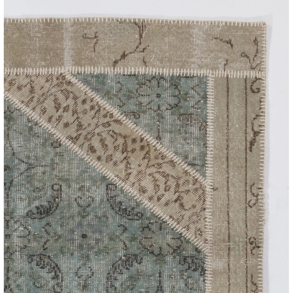 Blue, Beige and Brown Patchwork Rug | Hand-Knotted Geometric Re-Dyed Turkish Wool Carpet for Modern Living Room Blue, Beige and Brown Patchwork Rug | Hand-Knotted Geometric Re-Dyed Turkish Wool Carpet for Modern Living Room