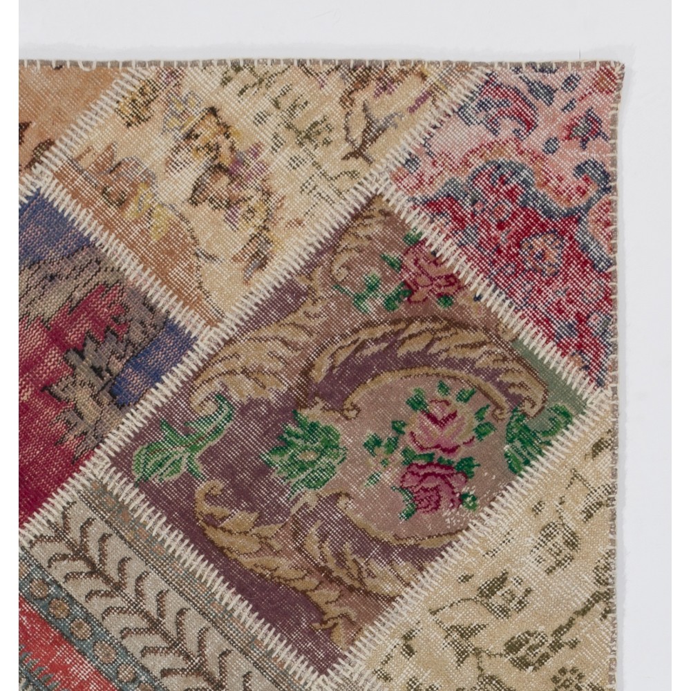 Vintage Turkish Wool Patchwork Rug | Hand-Knotted Floral Carpet Vintage Turkish Wool Patchwork Rug | Hand-Knotted Floral Carpet