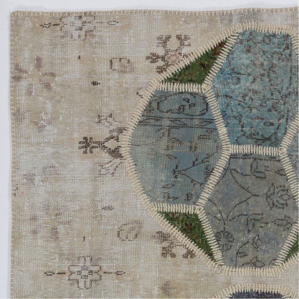 Contemporary Hand-Knotted Beige, Green and Blue Patchwork Rug | Geometric Design Overdyed Turkish Wool Carpet Contemporary Hand-Knotted Beige, Green and Blue Patchwork Rug | Geometric Design Overdyed Turkish Wool Carpet