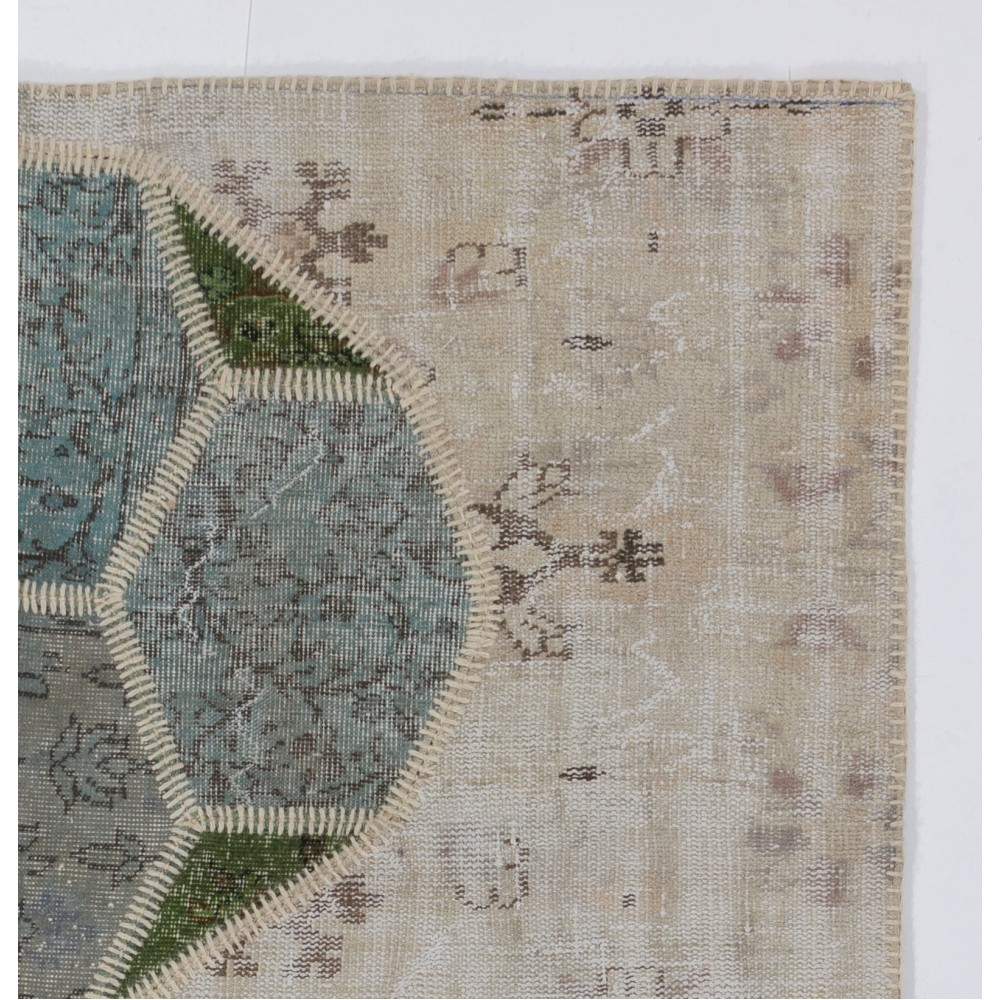Contemporary Hand-Knotted Beige, Green and Blue Patchwork Rug | Geometric Design Overdyed Turkish Wool Carpet Contemporary Hand-Knotted Beige, Green and Blue Patchwork Rug | Geometric Design Overdyed Turkish Wool Carpet