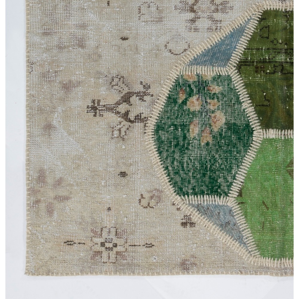 Contemporary Hand-Knotted Beige, Green and Blue Patchwork Rug | Geometric Design Overdyed Turkish Wool Carpet Contemporary Hand-Knotted Beige, Green and Blue Patchwork Rug | Geometric Design Overdyed Turkish Wool Carpet