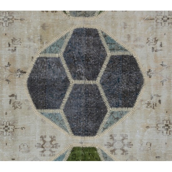 Decorative Handmade Patchwork Rug in Beige, Green and Blue Colors, High Quality Wool Carpet