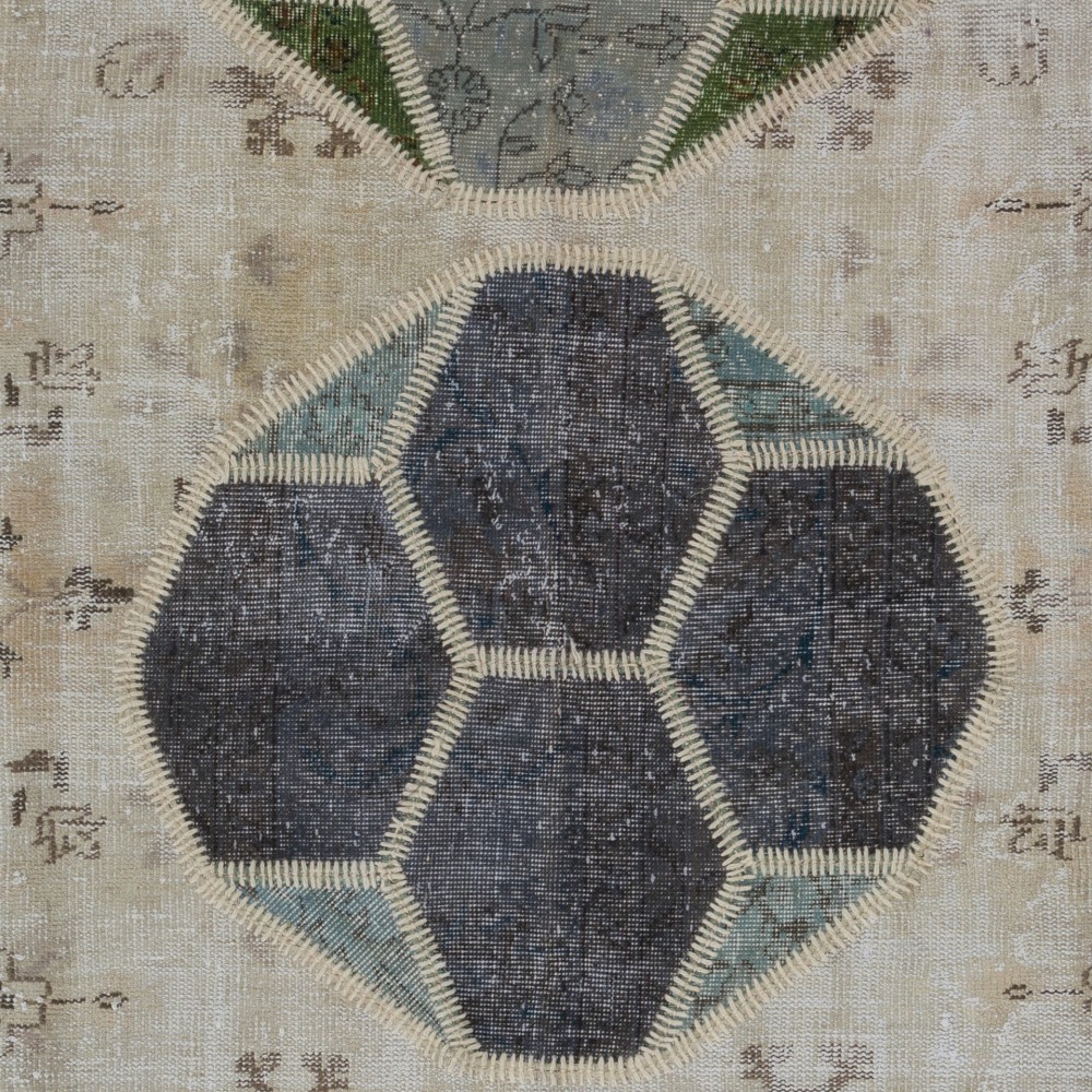 Contemporary Hand-Knotted Beige, Green and Blue Patchwork Rug | Geometric Design Overdyed Turkish Wool Carpet Contemporary Hand-Knotted Beige, Green and Blue Patchwork Rug | Geometric Design Overdyed Turkish Wool Carpet