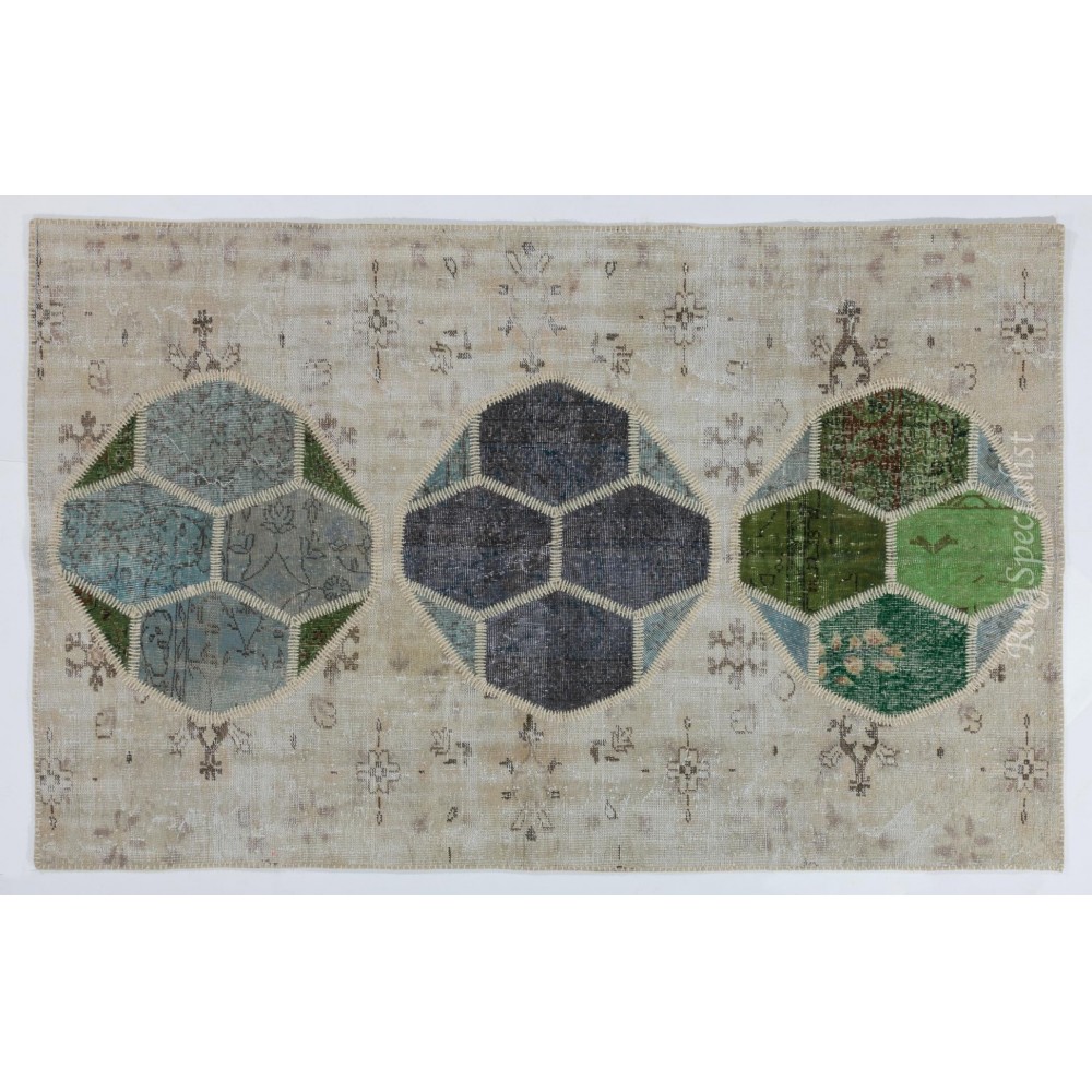 Decorative Handmade Patchwork Rug in Beige, Green and Blue Colors, High Quality Wool Carpet