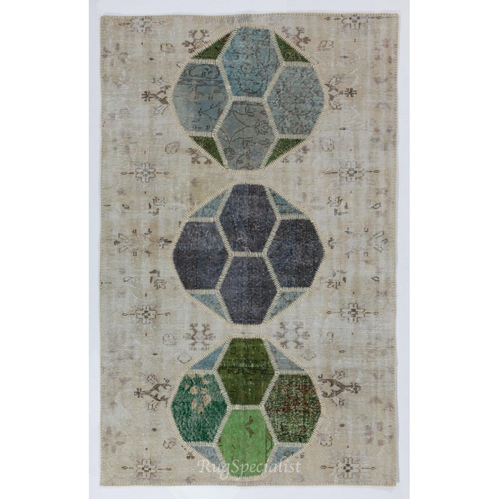 Decorative Handmade Patchwork Rug in Beige, Green and Blue Colors, High Quality Wool Carpet