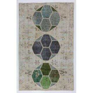 Decorative Handmade Patchwork Rug in Beige, Green and Blue Colors, High Quality Wool Carpet