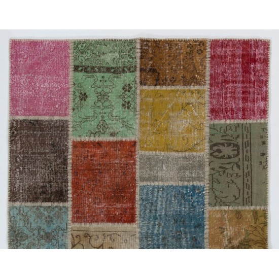 Colorful Handmade Patchwork Rug Made from Over-Dyed Vintage Carpets Colorful Handmade Patchwork Rug Made from Over-Dyed Vintage Carpets
