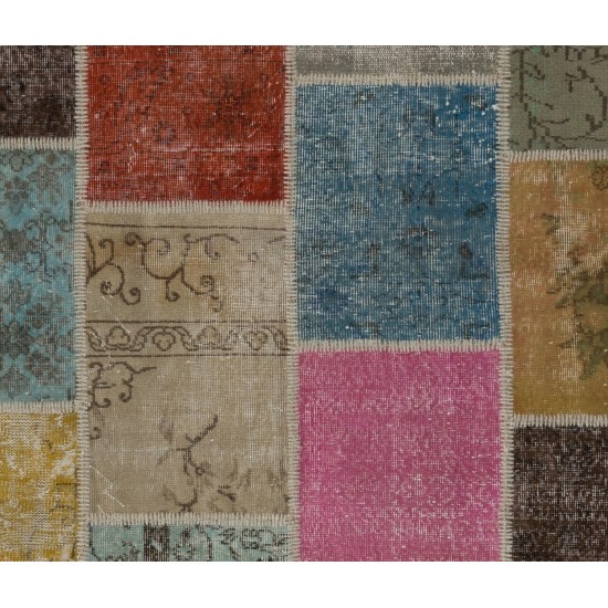 Colorful Handmade Patchwork Rug Made from Over-Dyed Vintage Carpets Colorful Handmade Patchwork Rug Made from Over-Dyed Vintage Carpets