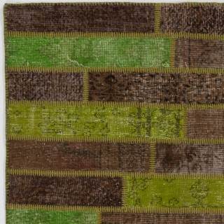 Contemporary Green and Brown Patchwork Rug | Hand-Knotted Horizontal Stripe Design Overdyed Turkish Carpet for Living Room Contemporary Green and Brown Patchwork Rug | Hand-Knotted Horizontal Stripe Design Overdyed Turkish Carpet for Living Room