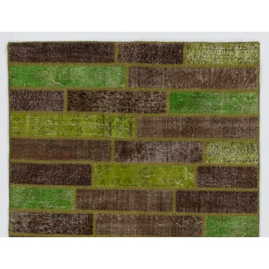 Handmade Patchwork Rug in Green & Brown Colors, Turkish Wool Carpet for Modern Home and Office Decor